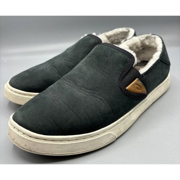 Olukai Pehuea Heu Womens Sz‎ 7 Black Leather Shearling Slip On Loafers Casual - Picture 1 of 8
